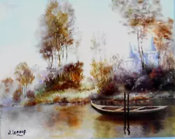 Buy PAINTING OIL ON CANVAS 20TH CENTURY. Signed.LANDSCAPE At The BOAT. • 59.53£