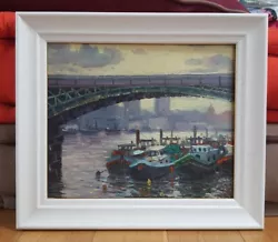 Buy Boats Moored On The Thames At Battersea, Oil Painting • 220£