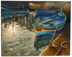 Buy Original Small Acrylic Painting Of  Maltese Fishing Boats With Calm Water • 30£