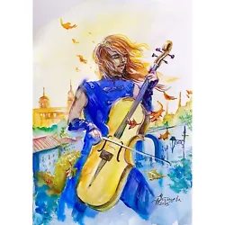 Buy Musician Cello Watercolor Painting Original Art Cityscape Music Fantasy 12x16 In • 157.76£