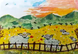 Buy ACEO -Happy Little Sheep, Original Watercolour Painting  By Chris Clarke • 2.95£