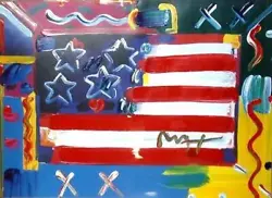 Buy Peter Max, Flag With Heart, Mixed Media Painting With Acrylic And Color Lithogra • 5,376.72£