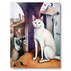 Buy ORIGINAL Painting Oil Contemporary Modern Art White Cat Cityscape By Watts 12x16 • 82.69£