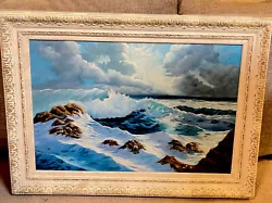 Buy Vtg 1950 Original Signed Oil Painting Detailed Ocean Waves And Clouds Rocks • 250.42£