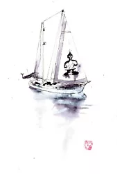 Buy Original Sailing Boat Ink Wash Painting Yacht Boat Sailing Sea  SV Delos OOAK • 39.99£