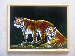 Buy Vintage Tiger Painting Oil Acrylic On Velvet Jungle Scene Signed By Artist PFR ? • 30£