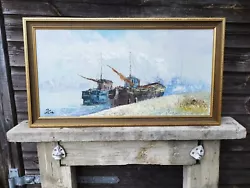 Buy Vintage Original Oil Painting On Canvas Fishing Trawlers Framed By Giles Dominic • 125£