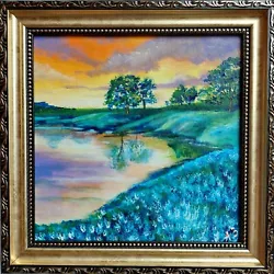 Buy Texas Bluebonnet Field Painting Lake Landscape Hill Country Artwork Gold Framed • 53.87£