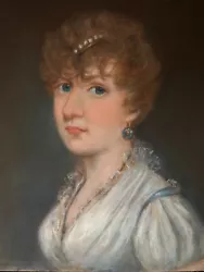 Buy Antique 19th Century Pastel Portrait Of A Beautiful Young Lady In Blue Earrings • 0.99£