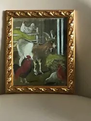 Buy Antique Oil On Card  Of Farmyard Scene With Chickens In Gold Frame 20x25cm • 35£