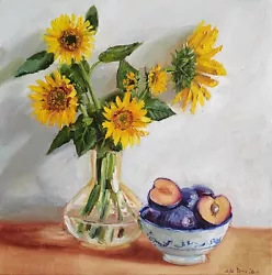 Buy Yellow Sunflower Bouquet In Glass Vase With Plums Floral Still Life • 255.94£
