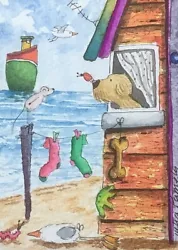 Buy ACEO Original Watercolour Painting Seascape, Beach Hut, Dog, Mouse, Starfish • 4.99£