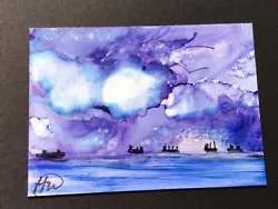 Buy Aceo Original Alcohol Ink Painting.  Surrealist Seascape. Storm Clouds Over Sea. • 2£