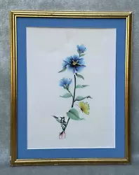 Buy Old Vintage Asian Floral Painting Blue Flowers With Yellow Butterfly Signed Art • 41.34£