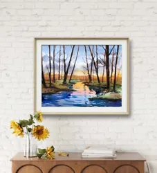 Buy Bob Ross Style Autumn Sunset Forest Watercolor Mountains Painting Large Art Tree • 393.75£