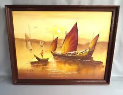Buy Vintage Framed  Oil On Canvas Painting Of Junk Boats Circa 1970s Signed • 18.95£