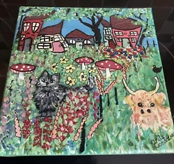 Buy Original Acrylic Painting By Anita Box Canvas Cat 🐄 Cow Houses 🏘️ Flowers • 11£