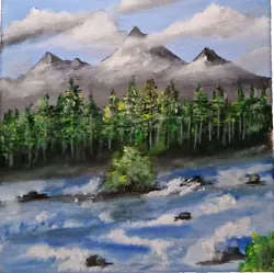 Buy Original On Canvas, Landscape Mountains River Acrylic Painting, 20 By 20 Cm • 19.77£