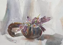 Buy Antique Watercolor Painting Still Life With Bowl And Flowers • 55.10£