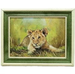 Buy Original Oil Painting Lion Cub Animals Artwork Wild Cat Small Wall Art Framed • 90.96£