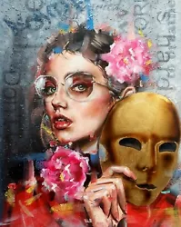 Buy Oil On Canvas Painting Gold Leaf By Artist Simona Zecca Woman Glasses Mask 60x50 • 566.21£