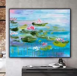 Buy Monet Style Impressionist Large Original Oil Painting  On Canvas 76x62cm Lilies • 200£