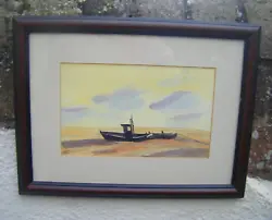 Buy Vintage Naive Painting Framed Fishing Boat On Sand Scene Signed Watercolour Art • 9.99£