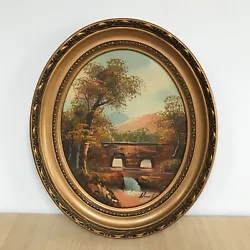Buy Original Landscape Oil Painting On Board Oval Framed River & Bridge Scene 31cm • 30£