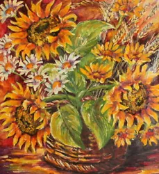 Buy 2009 Oil Painting Still Life With Sunflowers Signed • 163.30£