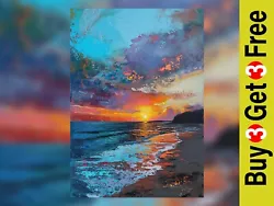 Buy Vibrant Sunset Seaside Impasto Painting Print 5 X7  On Matte Paper • 4.49£