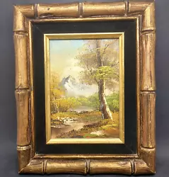 Buy Vintage Oil Painting On Wood Matted Bamboo Frame Mountain Fall Landscape Signed • 24.39£
