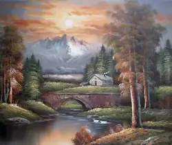 Buy Mountain Sunset Cabin Ducks Lake  Hunting Fishing Lodge Oil Painting STRETCHED • 64.31£