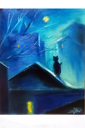 Buy Oil Paintings On Canvas A Cat On The Roof At Night 16 X19,5  Handmade Painting • 197.34£