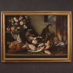 Buy Painting Still Life Animals Cats Fish Oil Canvas Ancien Framework 18th Century • 7,750£