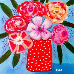Buy JERI DUBE Original Painting Collectible Flower Red Polka-Dot Vase 12 X12  Canvas • 62.89£