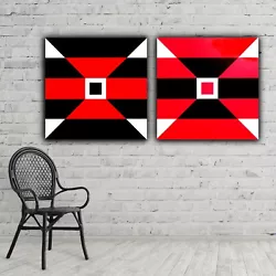 Buy 2 Original Hard Edge Red Black White Abstract Paintings On Wood Panels Signed • 639.38£