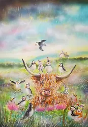 Buy ORIGINAL A3 'Highland Cow #puffins ' WATERCOLOr • 90£