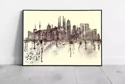 Buy Painterly City Of Barcelona Of Spain Landmarks Spray Paint Skyline Wall Art • 6.43£