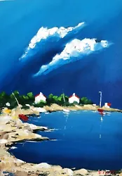 Buy Original Oil Painting Art Landscape Seascape Sky Boat Artwork Sunset UK House  • 30£