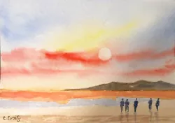 Buy Original Watercolour Painting. A6. Sunset Walk On The Beach.  Seascape.  • 3.99£