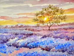 Buy Painting Watercolor Art Original Landscape Sunset Lavender Blue 8x10 Mat 16x20 • 54.37£