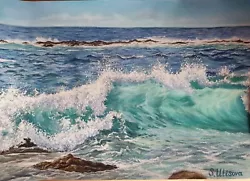 Buy Original Seascape  Ocean Crashing Waves Soft Pastel Painting Artwork Blue Colour • 75£