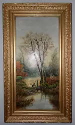 Buy River Forest Landscape, 19th Century, LARGE Antique Oil Painting, SIGNED, 35x20  • 350£
