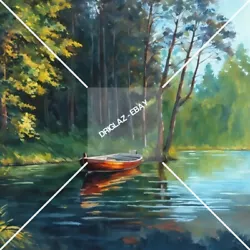 Buy Canoe Lake Woods Oil Painting Style Digital Art Image. Picture-Photo-Digital-ART • 1.66£