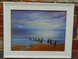 Buy Vintage Glazed Framed 1990s Oil Painting Of Sandsend Beach With Breakwater Posts • 15£