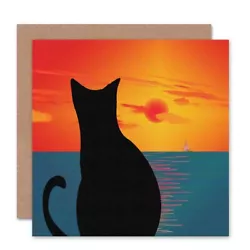 Buy Cat Animal Sunset Sea Boat Illustration Painting Blank Greeting Card • 4.42£