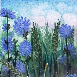 Buy Chicory Original Mixmedia Painting 5 X5  Wheat Blue Wildflowers Hand Painted • 22.59£
