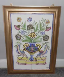 Buy VINTAGE, Flowers And Birds Painting On 2x3 Ceramic Tiles, Gilt Wood Frame SIGNED • 38£