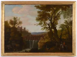 Buy  Ideal Landscape With Waterfall And Hunters , French School, Oil On Canvas • 5,622.71£