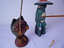 Buy Vintage Wood Folk Art, 2 X Frog Fishermen - Carved Wood • 13.95£